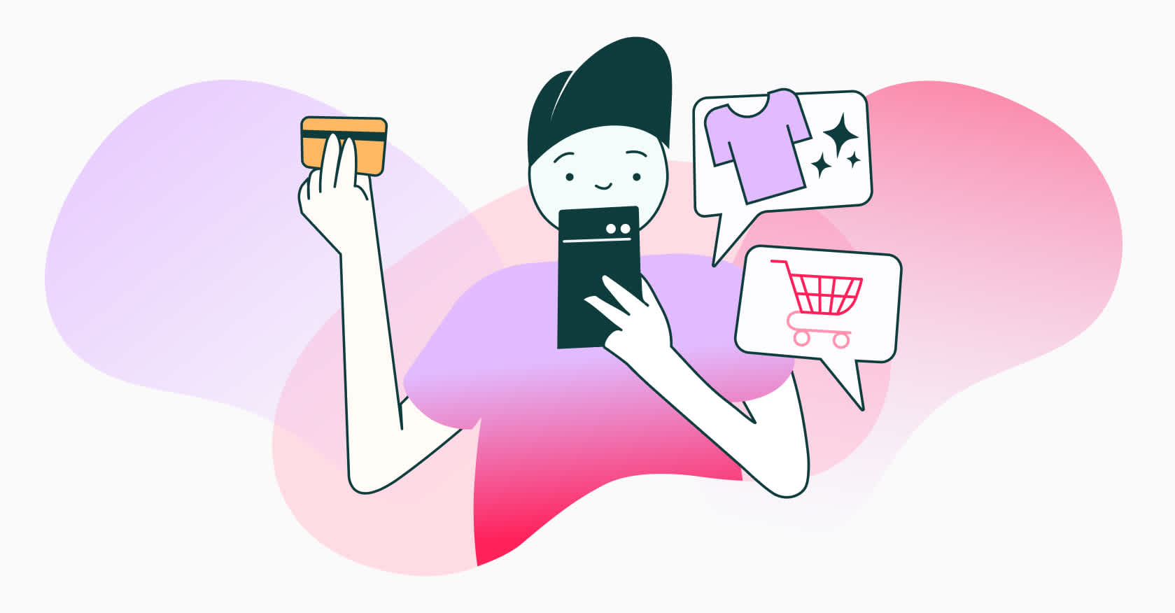 cartoon-like customer holding credit card and mobile phone, a concept image for reducing shopping cart abandonment