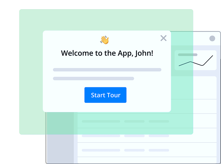 An illustration demonstrating the implementation of product tours, featuring a personalized 'Welcome' modal and 'Start tour' button overlaid on a dashboard.