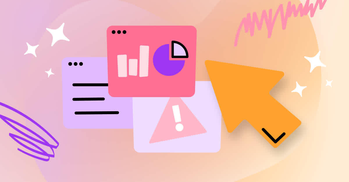 Analytics illustration with overlapping windows and charts in pink and purple, symbolizing app rationalization and streamlined IT management.