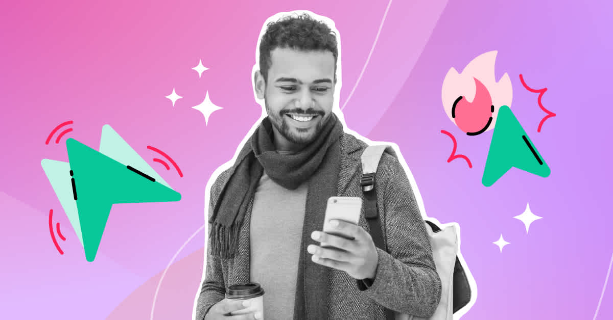 A young man is smiling while looking at his phone. He is surrounded by animated arrows and icons on a pink and purple background, representing predictive analytics and customer behavior insights in mobile engagement.