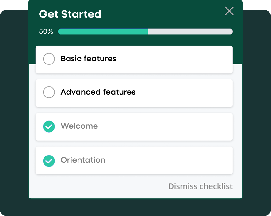 An in-app interface example of onboarding checklists featuring a 'Get Started' widget with a progress bar and itemized user tasks.