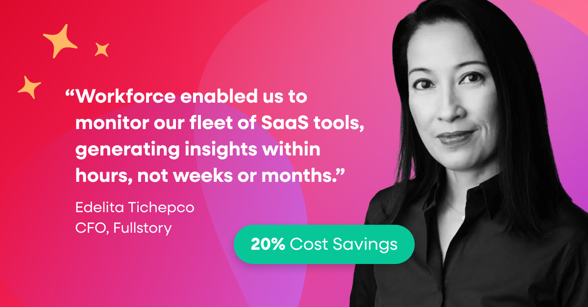 Testimonial highlighting how a digital employee experience platform delivered SaaS tool insights in hours, achieving 20% cost savings for Fullstory’s CFO.