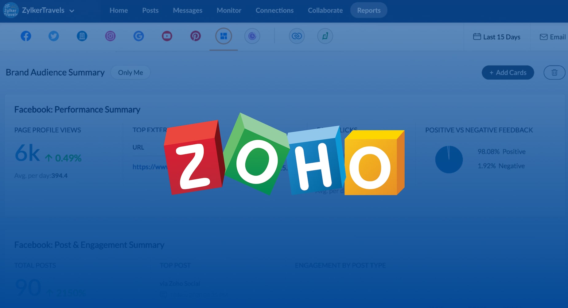 Zoho logo over blue background