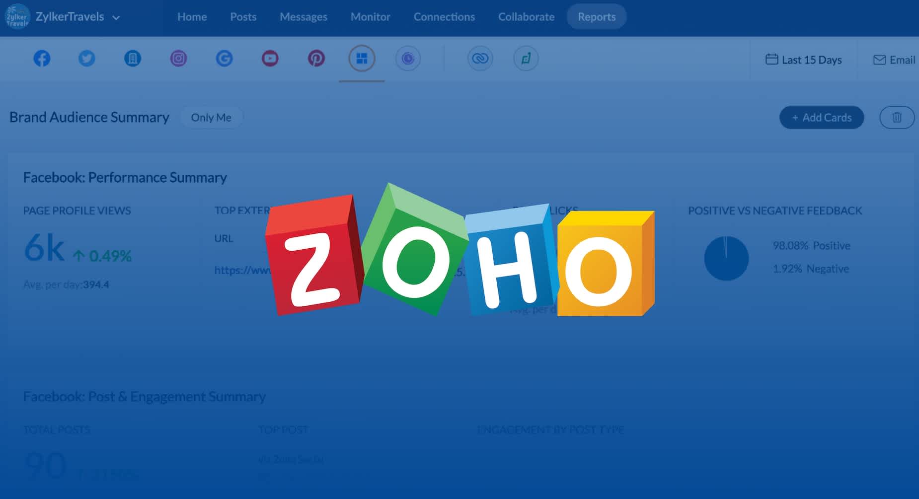 Zoho logo over blue background