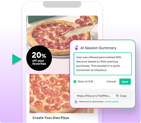 A mobile screen showing a pizza order with a "20% off" promo, overlaid with an "AI Session Summary" box confirming: "User was offered personalized 20% discount based on their previous purchases."