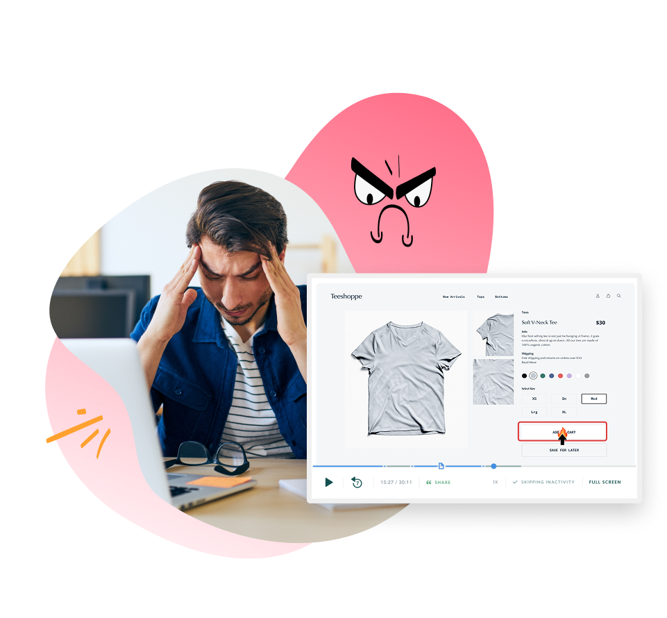 An illustration depicting the financial impact of user frustration, showing a stressed individual and an angry emoji alongside a session recording that pinpoints the broken website flow causing the issue.
