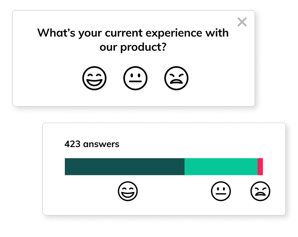 An in-app interface example of surveys and NPS featuring a customer experience feedback modal with emoji ratings and a corresponding analytics bar displaying response data.
