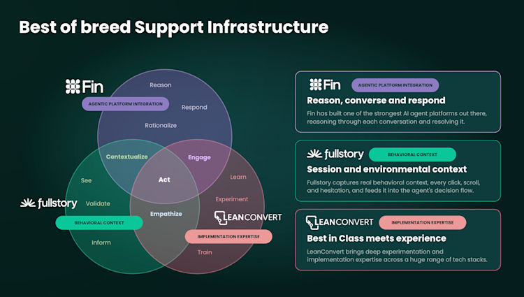 Venn diagram showing three overlapping circles for Fin, Fullstory, and LeanConvert with their platform capabilities and expertise.