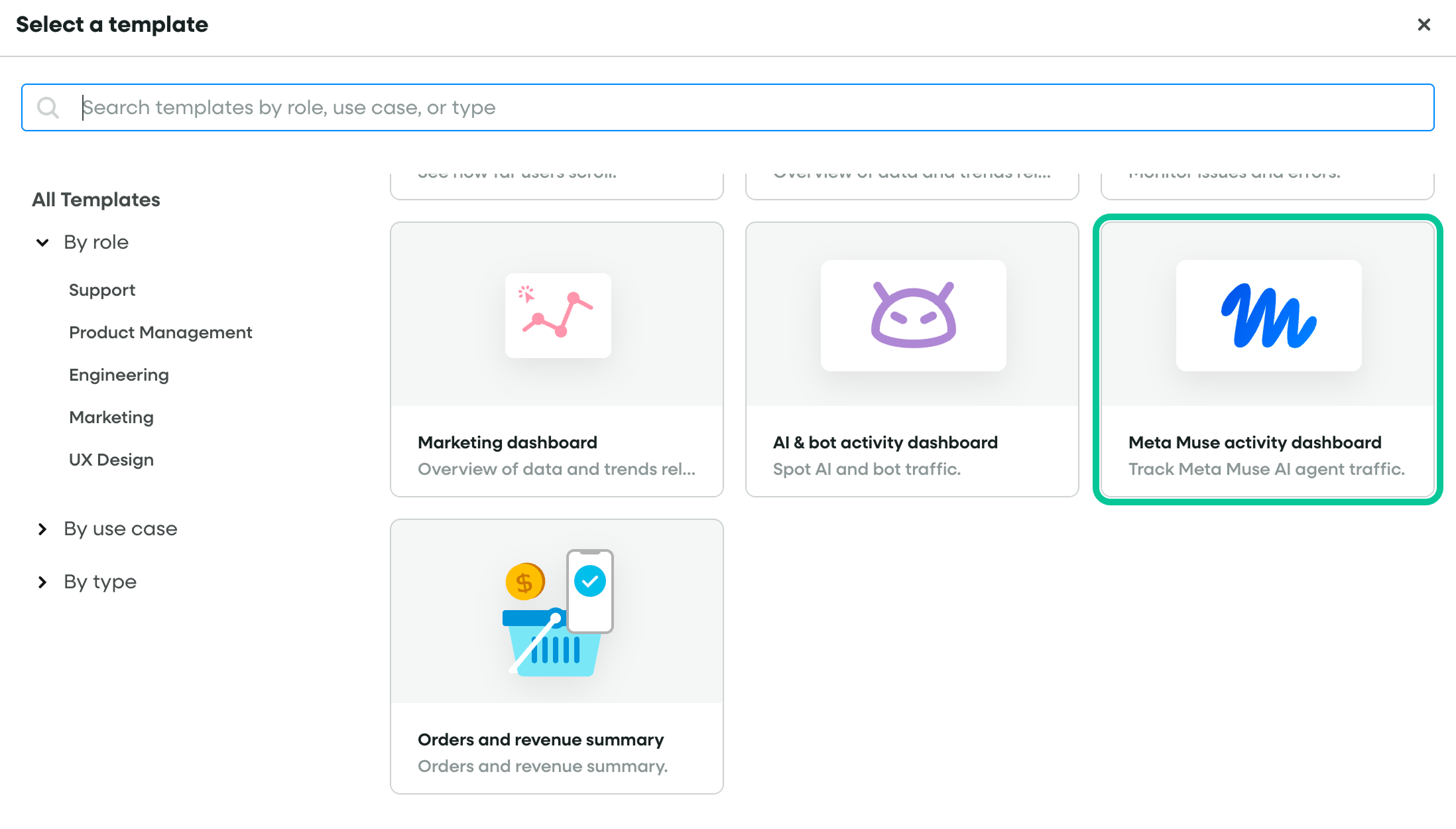 Fullstory template selection screen with the Meta Muse AI agent activity dashboard highlighted.