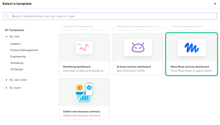 Fullstory template selection screen with the Meta Muse AI agent activity dashboard highlighted.