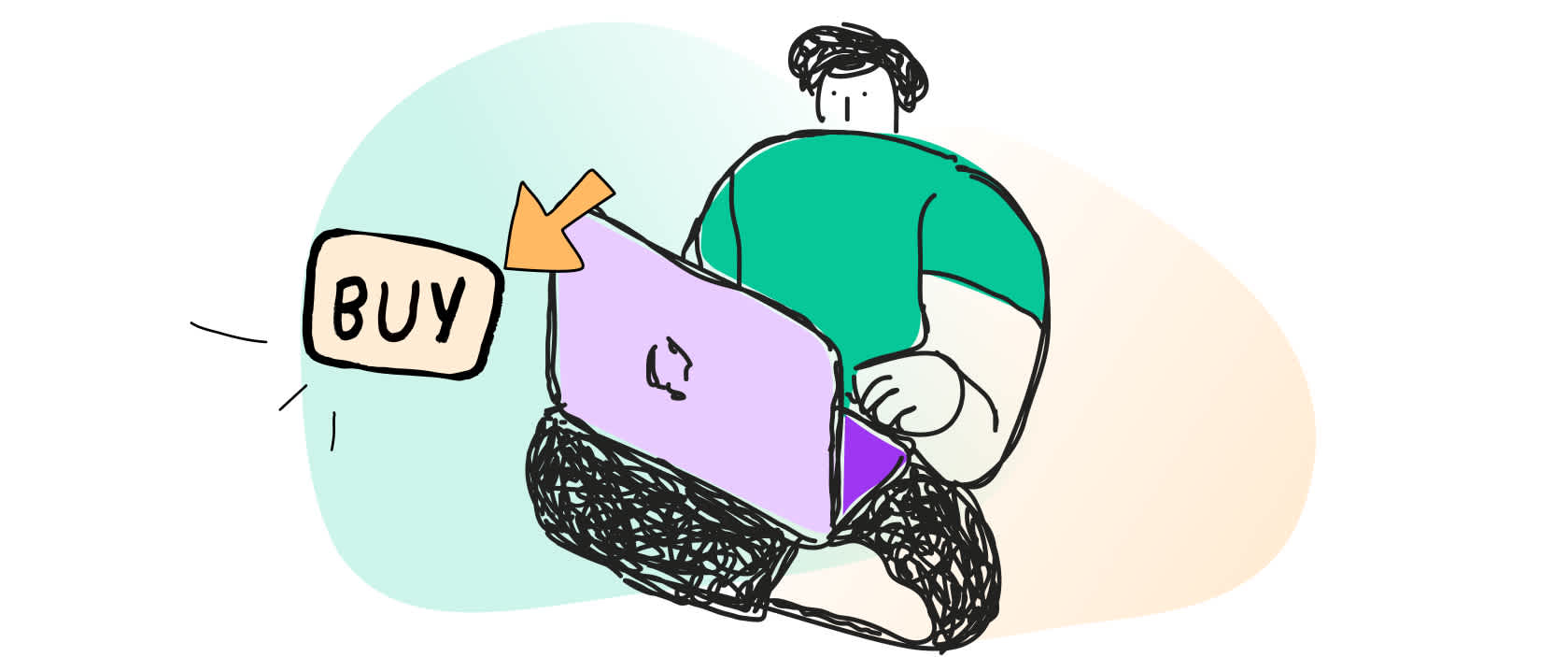 illustration of a person in green shirt sitting at a purple laptop with a buy speech bubble- concept image for predicting customer behavior
