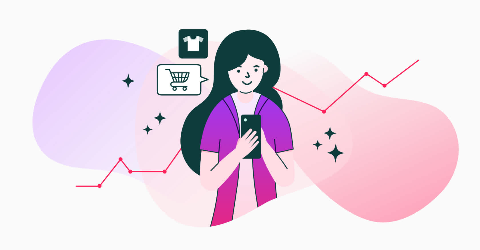 illustration of woman on her phone with AI assisting in ecommerce trends