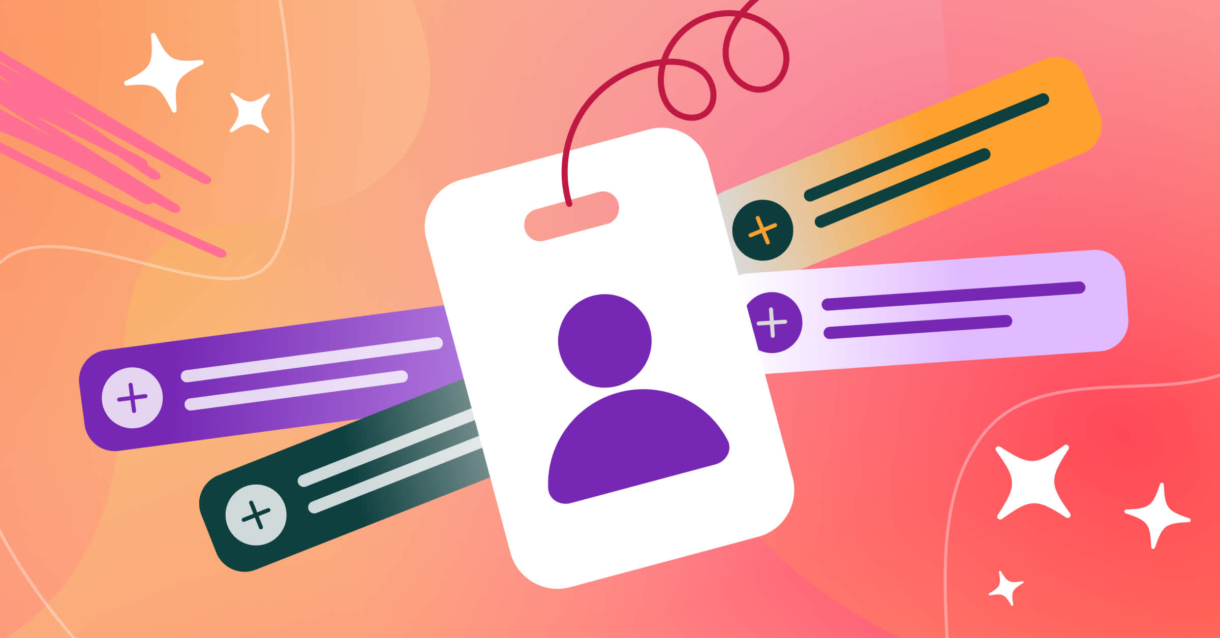Person icon on ID badge with data tags being added from multiple sources.