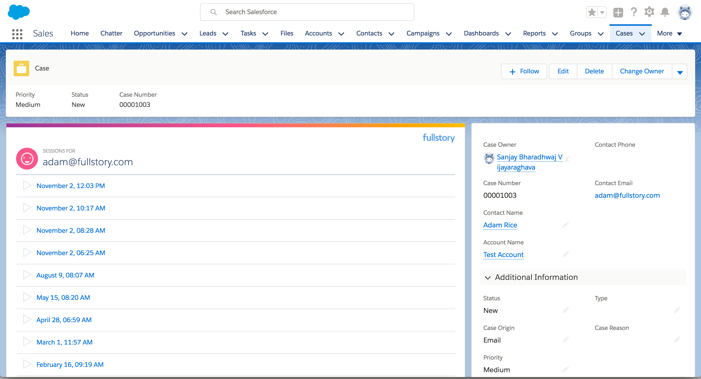 How the FullStory Lightning Component appears on the Case page in Salesforce. Here you get a full list of the customers sessions to investigate exactly what problem they were experiencing.