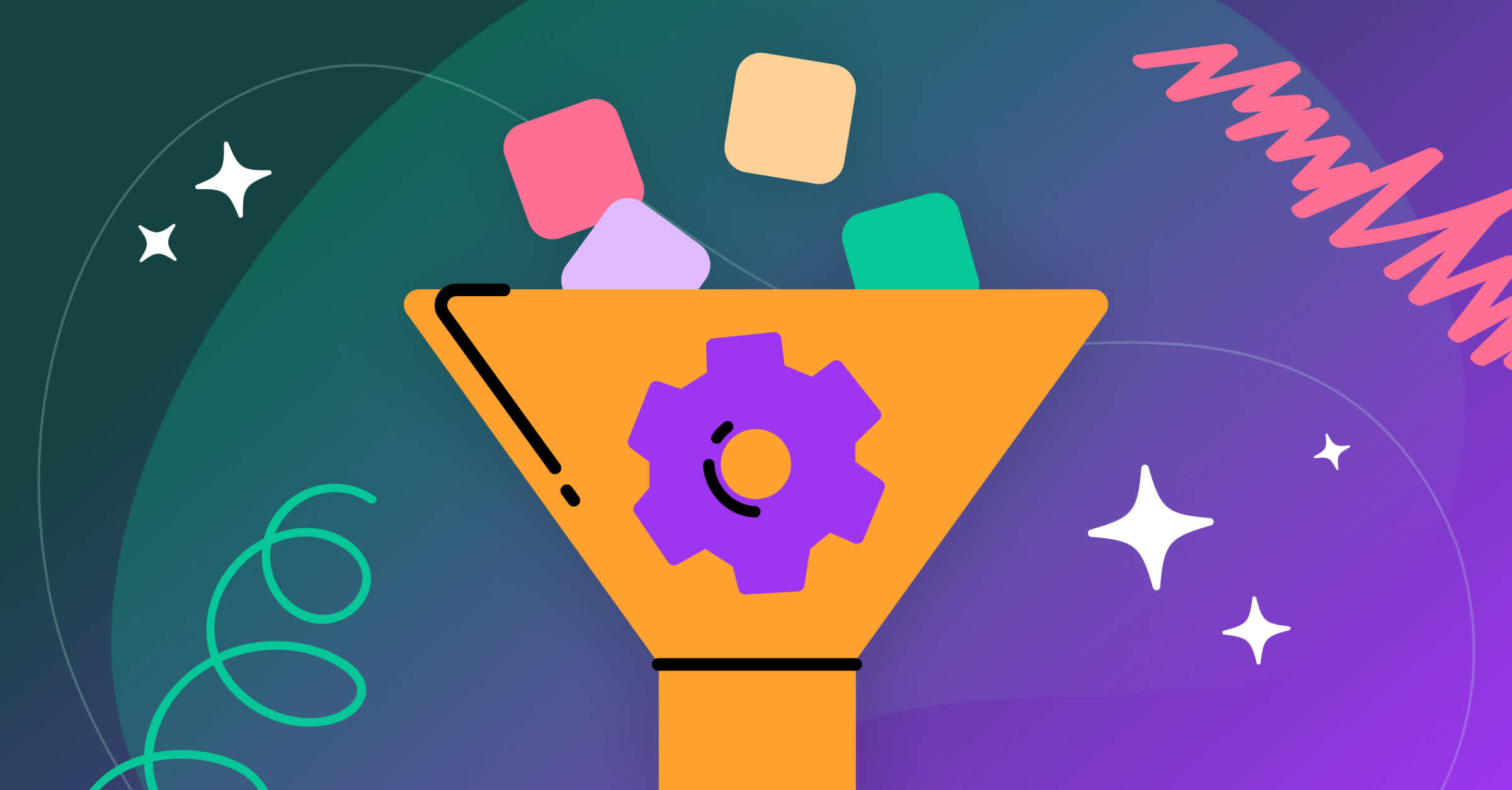 Illustration of a funnel with shapes dropping in and a gear icon representing conversion rate optimization