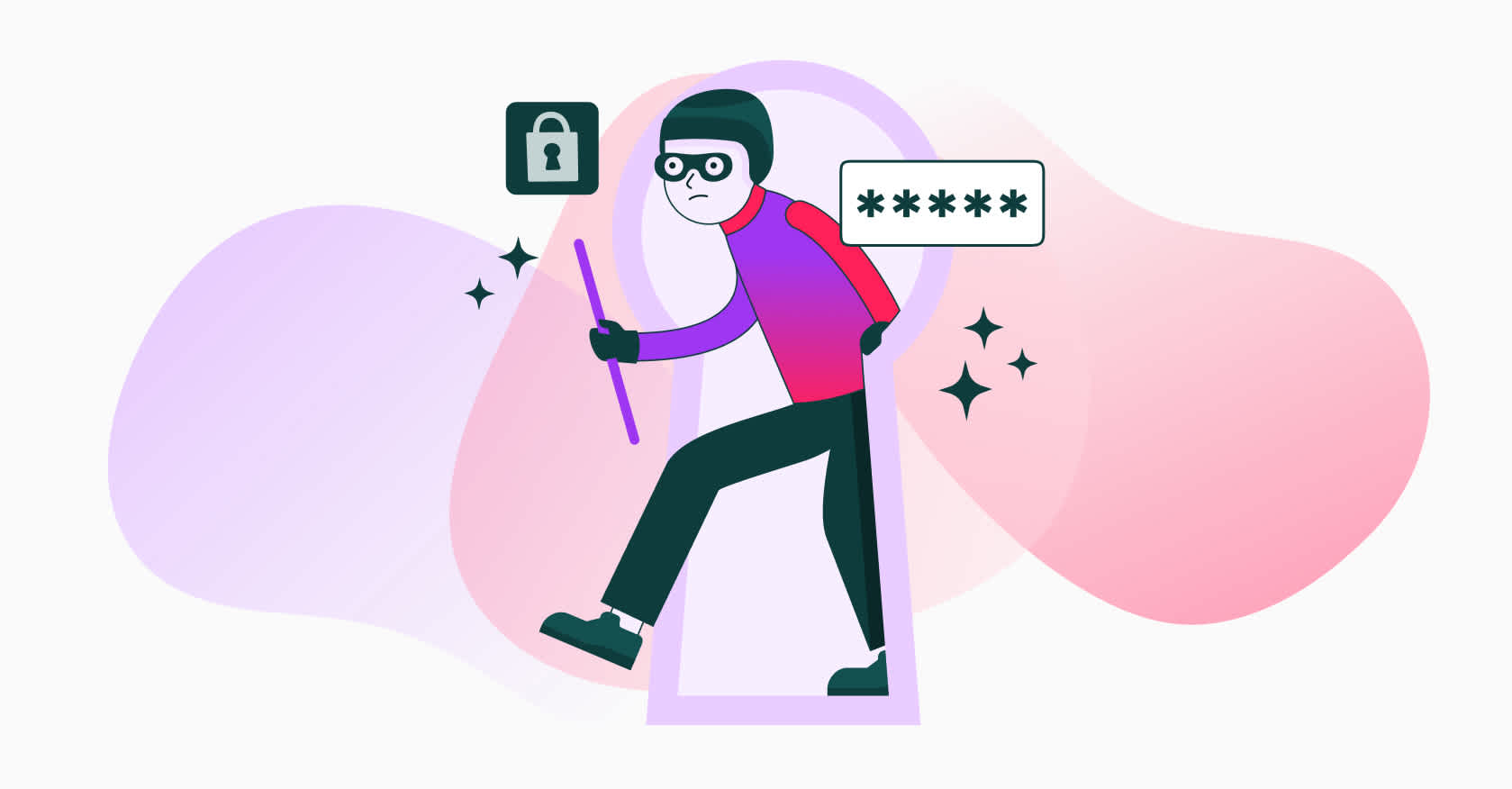 illustration of robber walking through a conceptual privacy lock as a concept of AI detecting malicious behavior