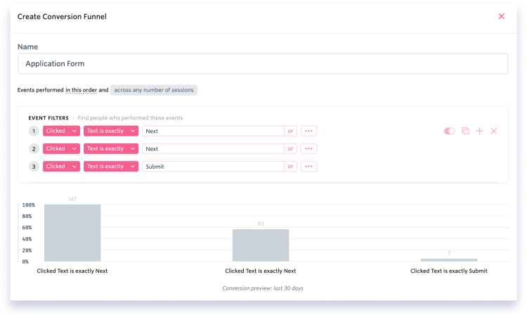 Funnels can include combinations of steps to measure key onboarding flows.