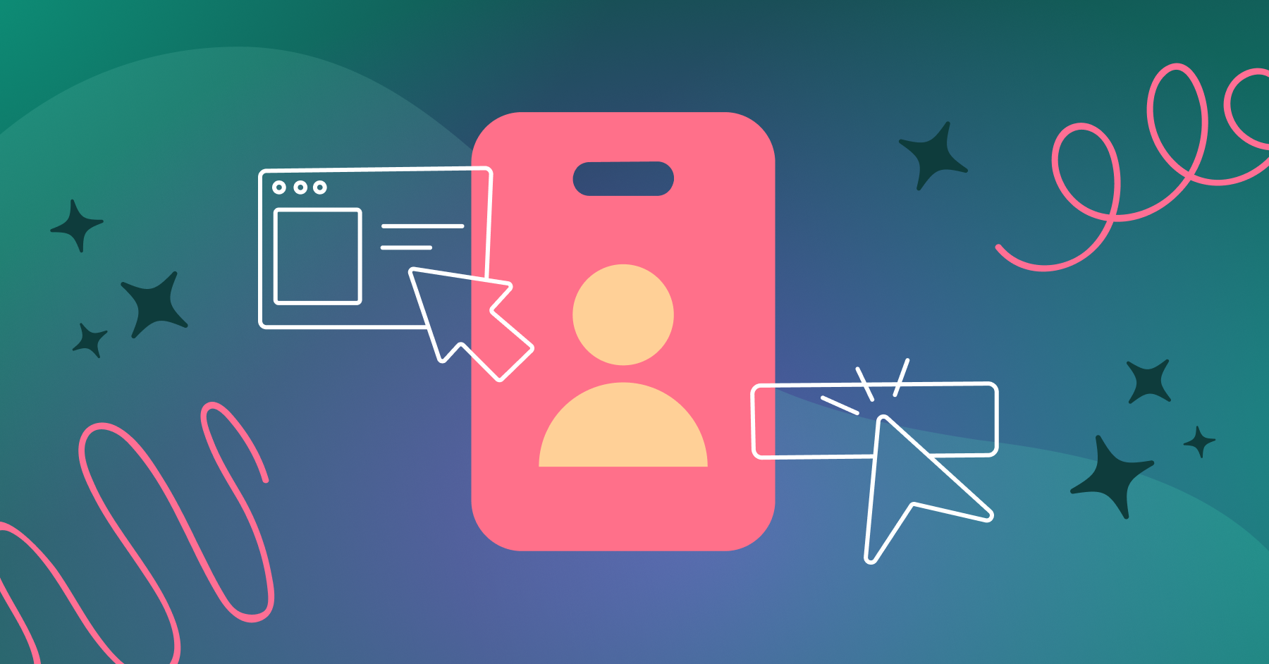 an illustration of an employee badge with computer cursors clicking on a web page and a button, symbolizing the digital employee experience.