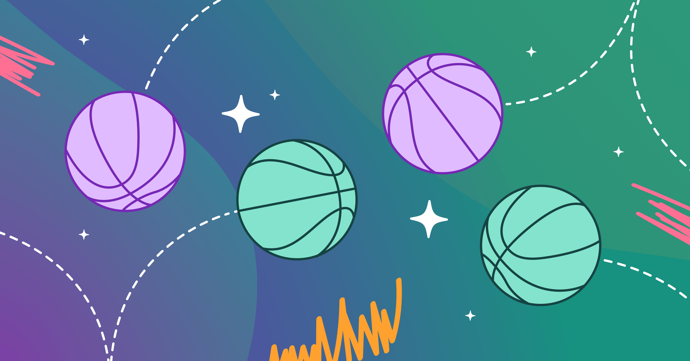 Illustration of purple and green basketballs bouncing across a gradient background with dashed arc lines tracing their paths.