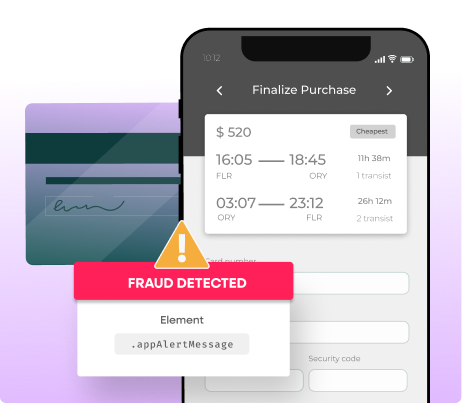 Mobile flight purchase screen with a prominent 'FRAUD DETECTED' alert, highlighting real-time risk mitigation to protect accounts and travel loyalty programs.