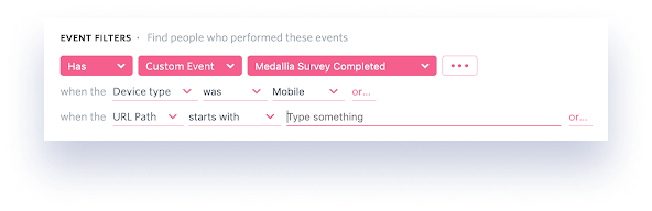 An event search in FullStory for sessions in which a customer completed a Medallia survey.
