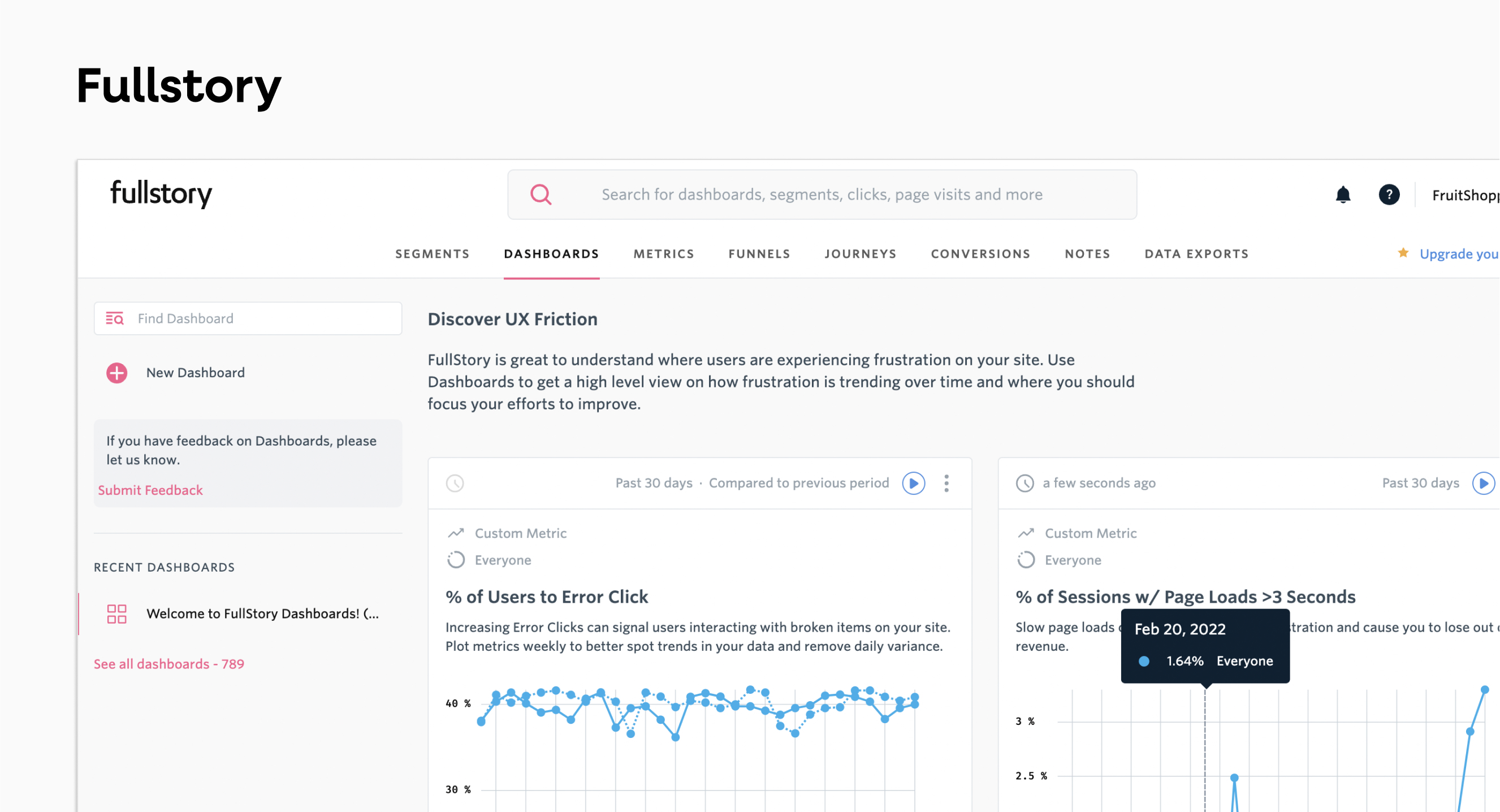 User friction dashboard in Fullstory 