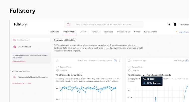 User friction dashboard in Fullstory