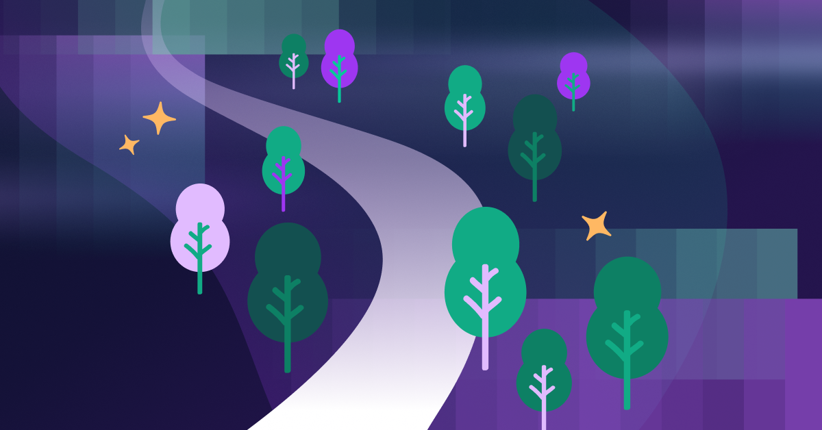 Stylized illustration of a winding path through green and purple trees against a dark blue and purple gradient sky with stars.