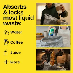 3 images showing people putting liquid trash in the bag. The words "Absorbs & locks most liquid waste: water, coffee, juice, more" on the left side.