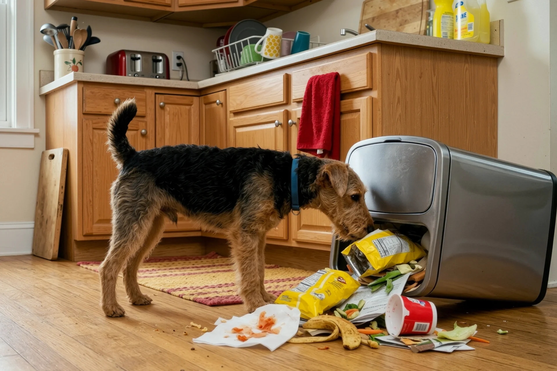 Dog rummaging through an overturned kitchen trash can with spilled food and packaging.