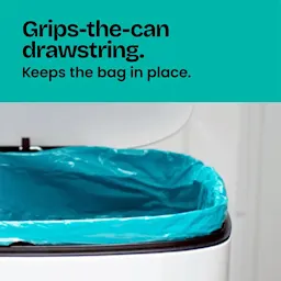 A blue trash bag in a trash can showing the grip strength of the bag. The words "Grips-the-can drawstring. Keeps the bag in place." on a teal background above.