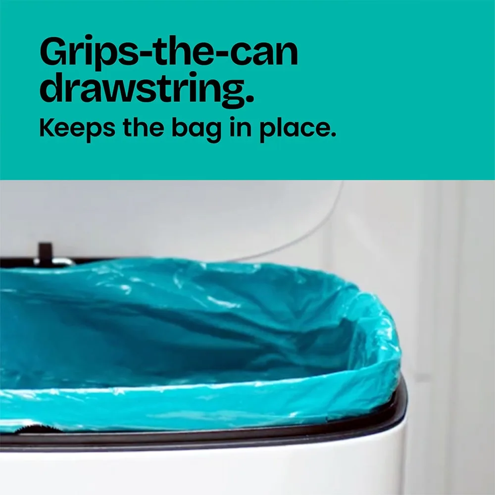 A blue trash bag in a trash can showing the grip strength of the bag. The words "Grips-the-can drawstring. Keeps the bag in place." on a teal background above.