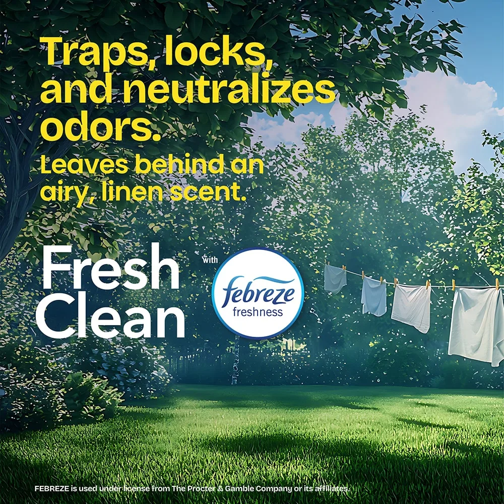 The words "Traps, locks and neutralizes odors. Leaves behind an airy, linen scent. Fresh Clean" and a febreze freshness logo over a backyard background