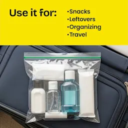A zipper bag with toiletries. The words "Use it for: snacks, leftovers, organizing, travel" above in a yellow panel.
