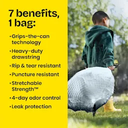 A boy dragging a full trash bag. On the left, a yellow panel with the words "7 benefits, 1 bag" and various claims including leak protection