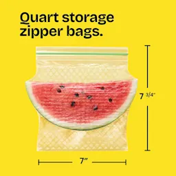 A watermelon slice in a 7-3/4" x 7" zipper bag on a yellow background with the words "Quart storage zipper bags."