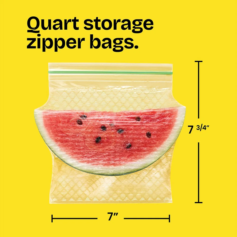 A watermelon slice in a 7-3/4" x 7" zipper bag on a yellow background with the words "Quart storage zipper bags."