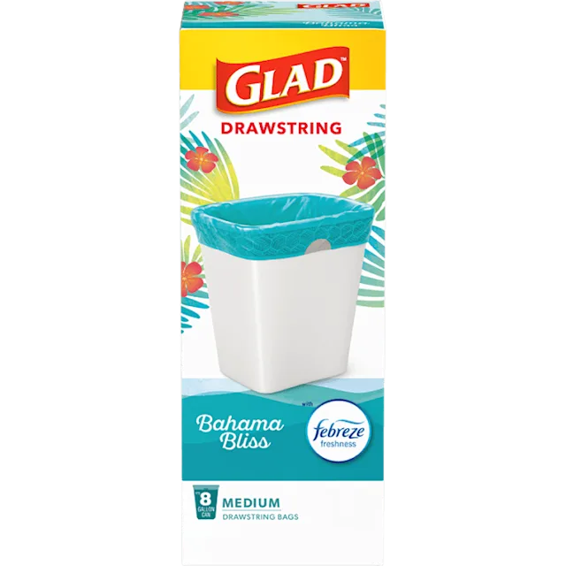 Box of Glad medium trash bags with Bahama Bliss scent