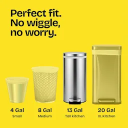 4 sizes of trash cans on a yellow background with the words "Perfect fit. No wiggle, No worry."