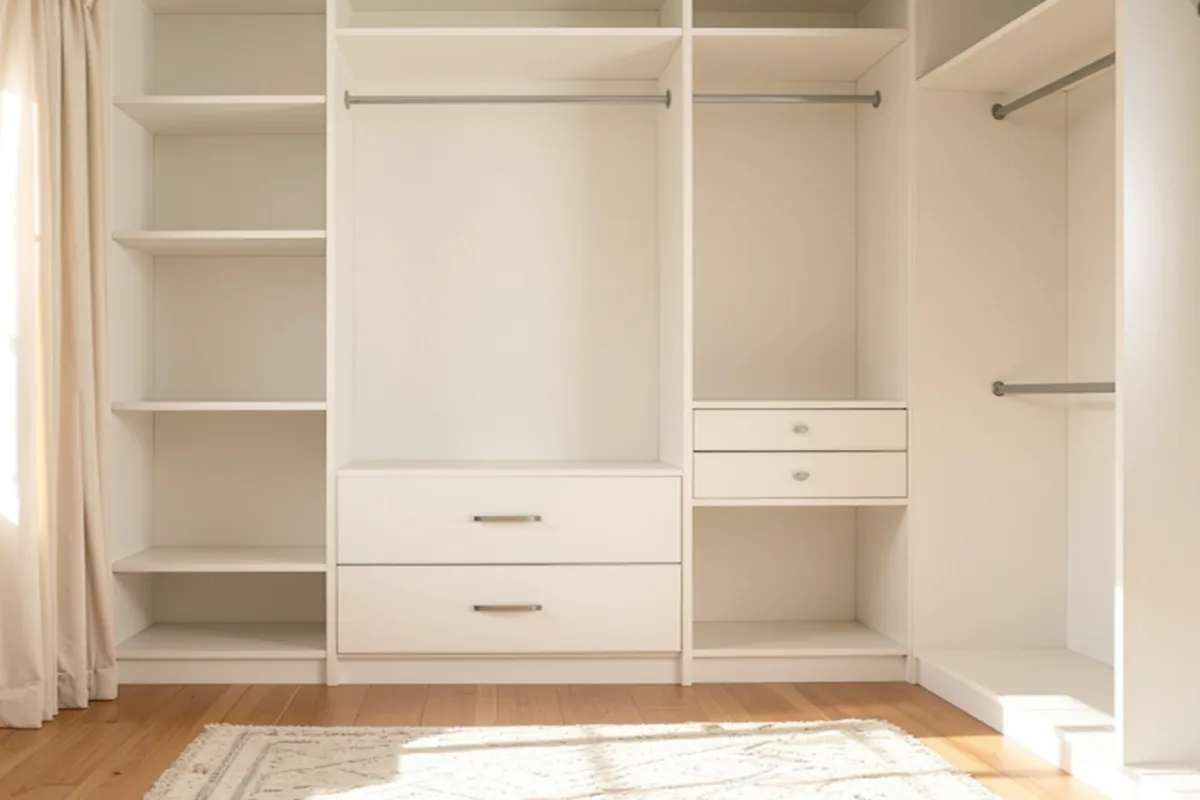 Empty walk-in closet with shelves, hanging rods, and drawers ready for organizing