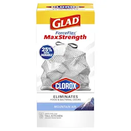 Package shot of Glad ForceFlex MaxStrength Tall Kitchen bags with Clorox Mountain Air scent