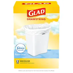Package shot of Glad Medium drawstring bags with Fresh Clean scent