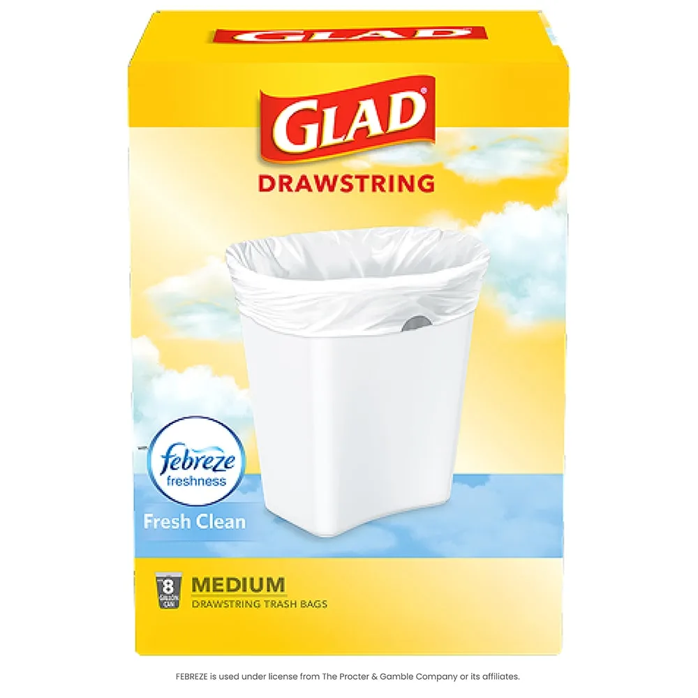 Package shot of Glad Medium drawstring bags with Fresh Clean scent