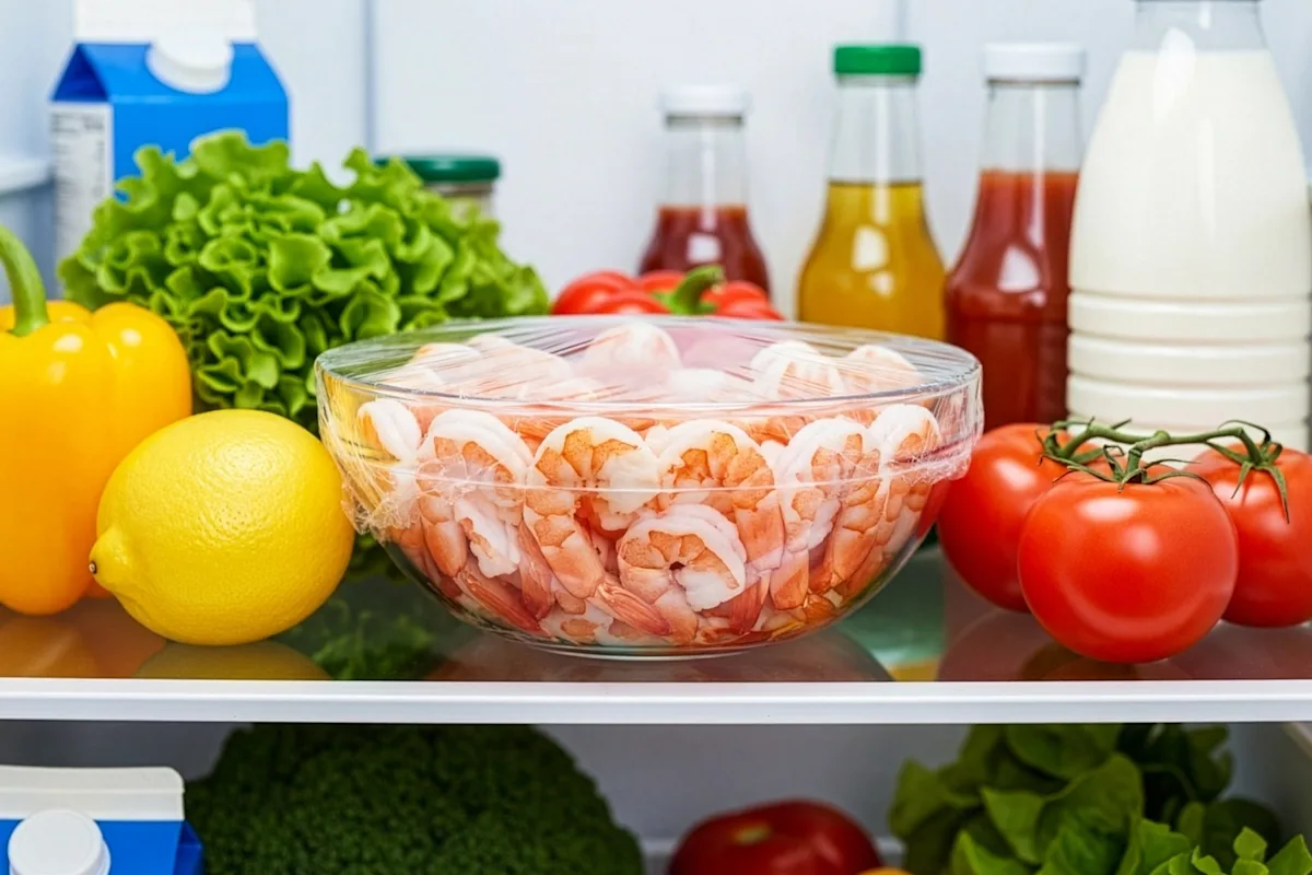 A bowl of cooked shrimp covered with Cling'N Seal wrap, sitting on a shelf in the refrigerator surrounded by fruits, vegetables and bottles.