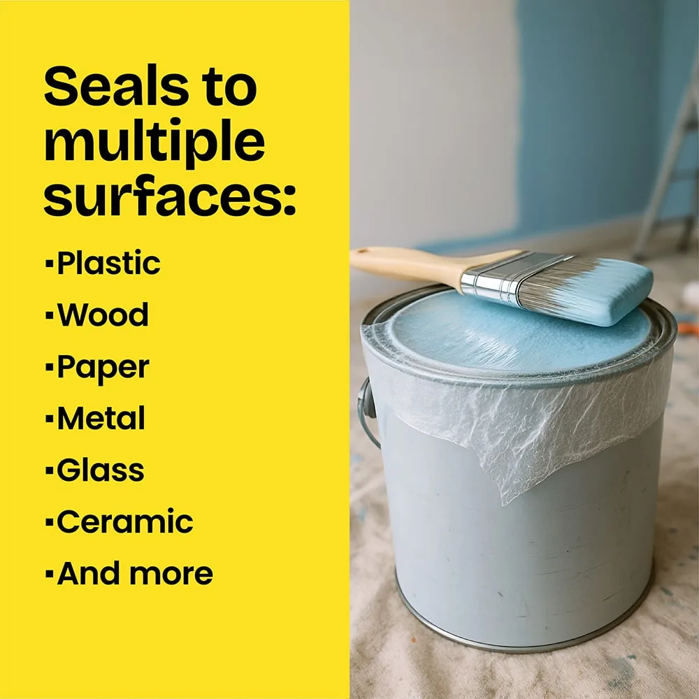 A bucket of paint with Press'n Seal over the top and a paintbrush. A yellow panel on the left: Seals to multiple surfaces: plastic, wood, etc."