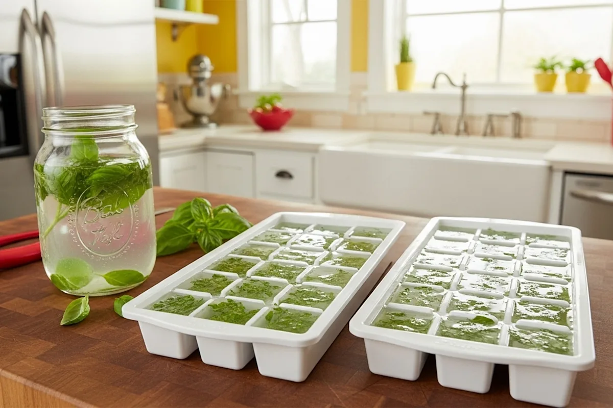 Ice trays full of basil in water ready for freezing, on a wood countertop in a kitchen