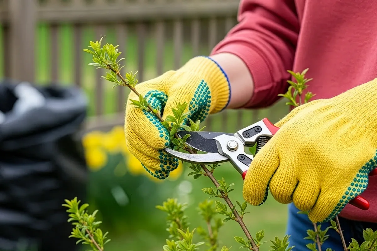 Person with yellow gardening gloves pruning a plant in a backyard