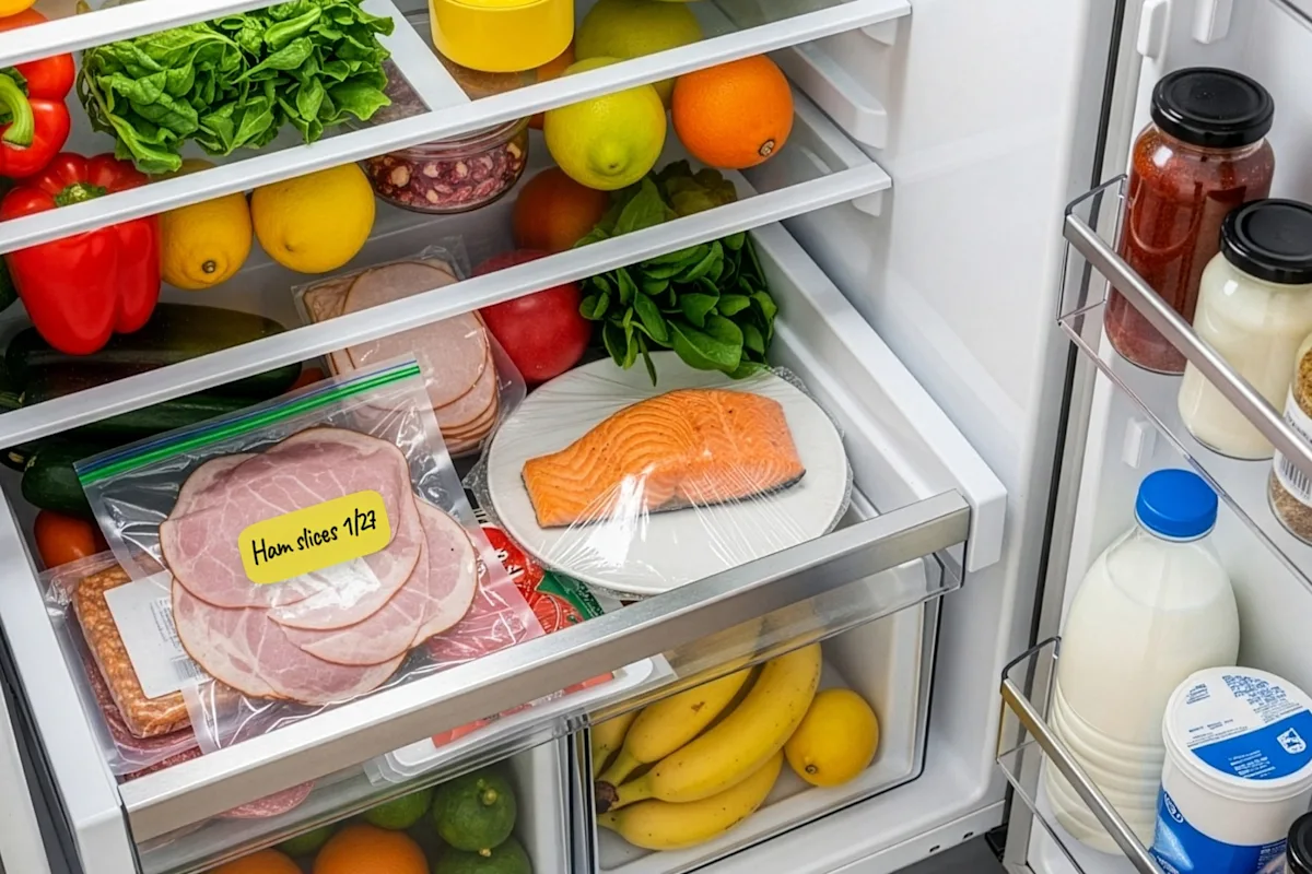 Slices of ham in a zipper storage bag in a refrigerator, surrounded by food items