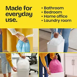 4 scenes of trash bags being pulled from cans. A yellow panel above with the words "Made for everyday use. Bathroom, bedroom, office, laundry.