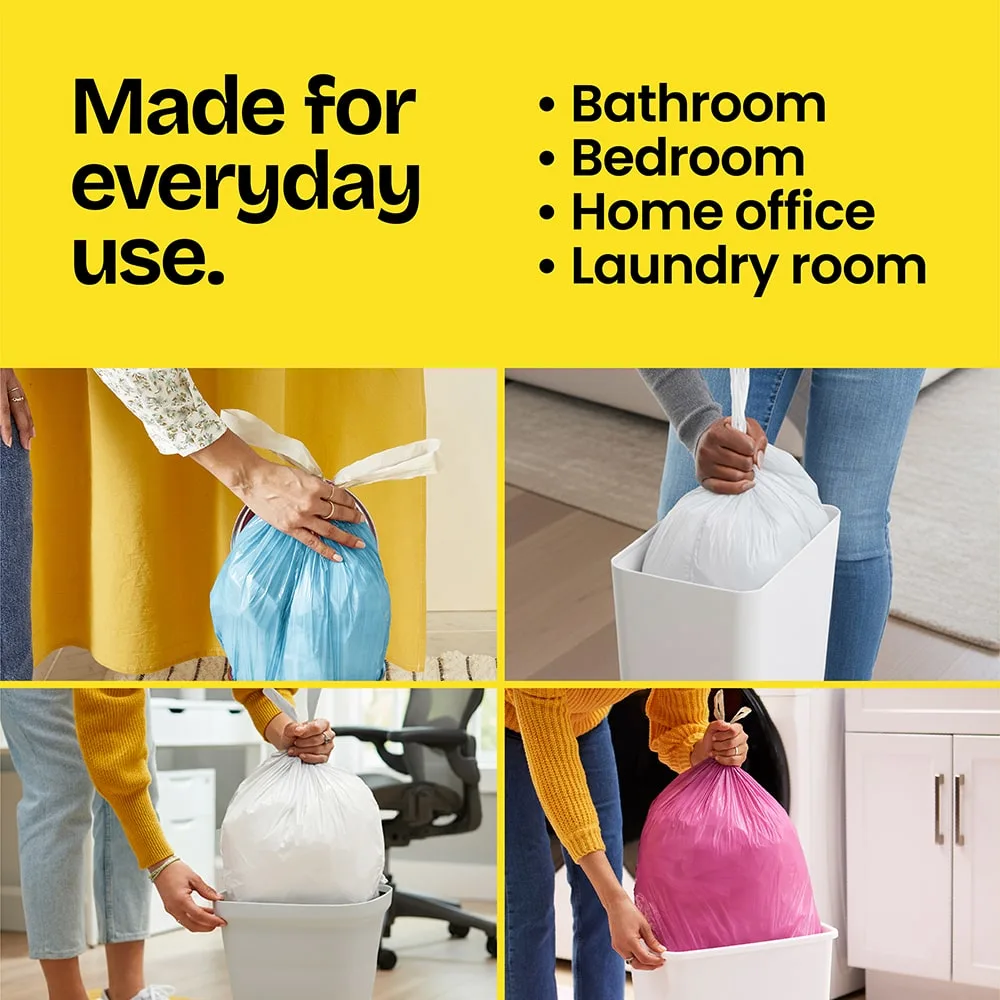 4 scenes of trash bags being pulled from cans. A yellow panel above with the words "Made for everyday use. Bathroom, bedroom, office, laundry.